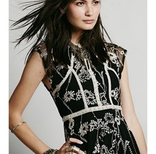 Free People LAUREL Black Combo Mini Dress Lace Embroidered Mesh Cap Sleeve Sz 8