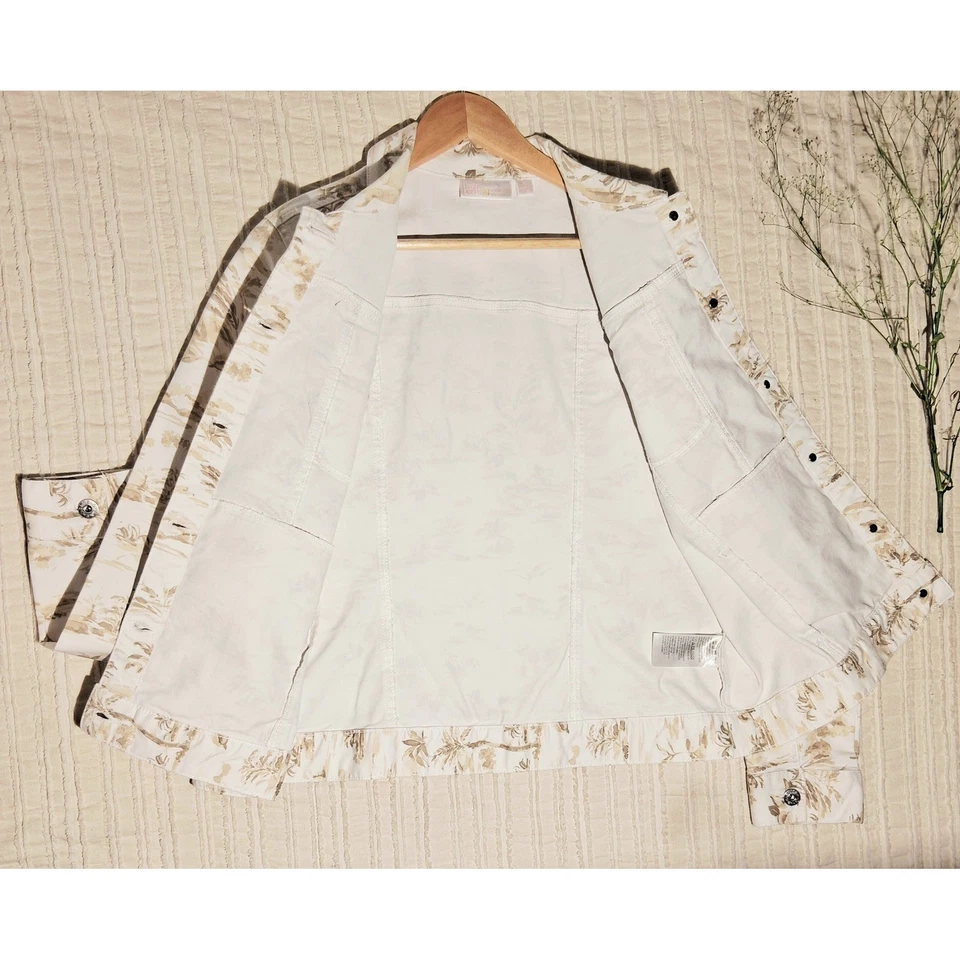 Chaqueta de Jean Belle By Kim Gravel Tropical Estampado de Palma Algodón Beige Para Mujer Talla M Foto 3 de 4
