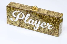 Edie Parker “PLAYER” Flavia Acrylic Gold Confetti Clutch Bag
