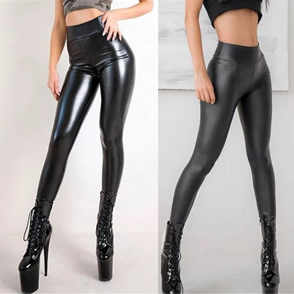 Women's Wet Look Pants Faux Leather Skinny Leggings High Waist Pencil- Trousers