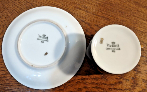 Victoria Czechoslovakia Demitasse Set Cup Saucer Porcelain Black Gold Rim Floral - Picture 9 of 12
