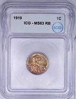 1919 Lincoln Cent 1C ICG MS63 RB - Beautiful color!