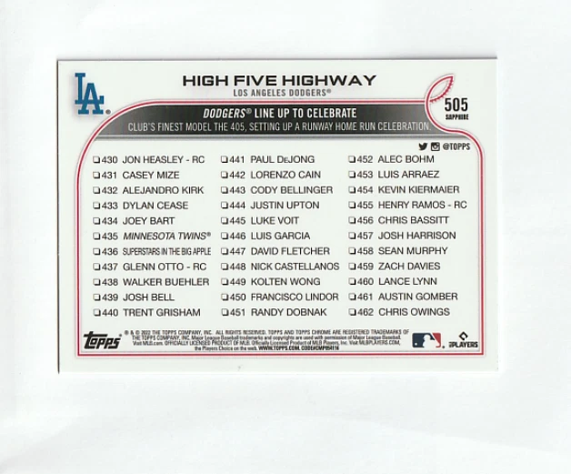 2022 Topps Chrome Sapphire 505 High Five Highway CC, CL Los Angeles Dodgers - Image 2 of 2