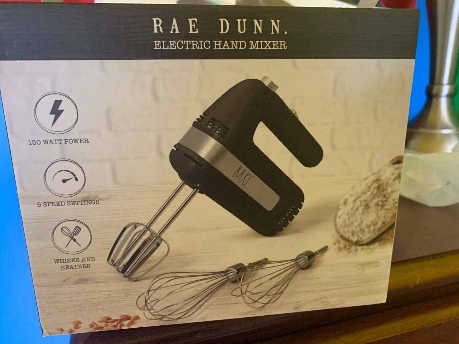 ELECTRIC HAND MIXER Rae Dunn BAKE STAINLESS STEEL Beaters & Whisks 5 Speed NIB