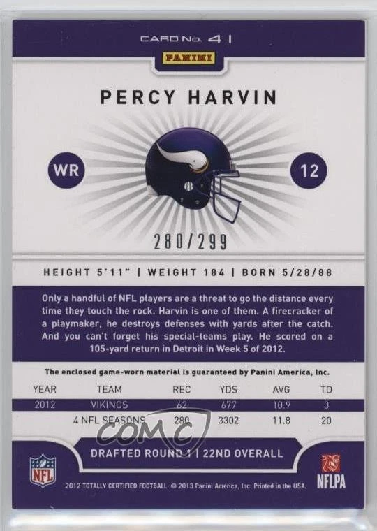 2012 Totally Certified Materials Platinum Red /299 Percy Harvin #41 - Image 2 of 2
