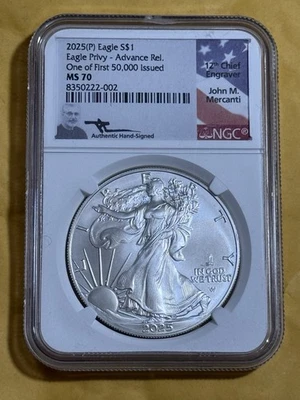 2025(P) SILVER EAGLE, EAGLE PRIVY, NGC-MERCANTI SIGNED ADVANCED REL.POP36,1st50K - Image 1 of 4