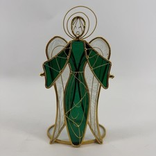 Vintage Emerald Green Stained Glass Christmas Angel Tea Light Holder Gold Accent