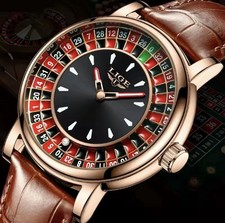 LIGE Luxury Roulette Casino Wristwatch Gold Black Analog Brown Leather Men’s