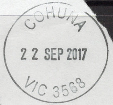 22 SEP 2017 - COHUNA, VIC 3568 complete circular postmark