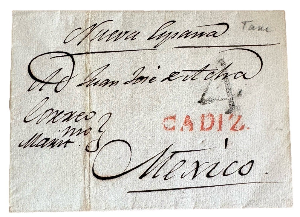 Cádiz, España a Nueva España México sin fecha Cádiz en rojo 4 reales debido Marítimo