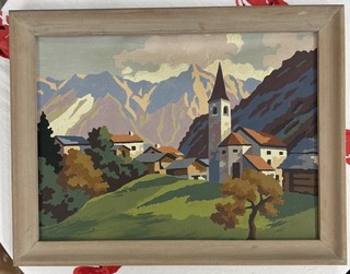 Vtg PAINT BY NUMBER Alpine Village Scene Colors EUC FRAMED Beauty 17.5” x 13.5”