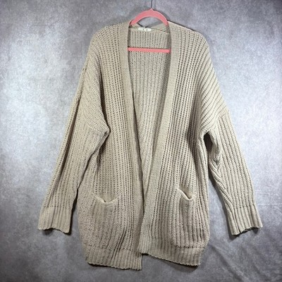 Easel Cardigan Womens L Beige Open Front Chunky Knit Oversized Boho Pockets