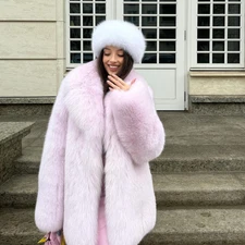 Full Pelt Luxury Women Real Fox Fur Coat Winter Pink Outwear Thick Lapel Fashion