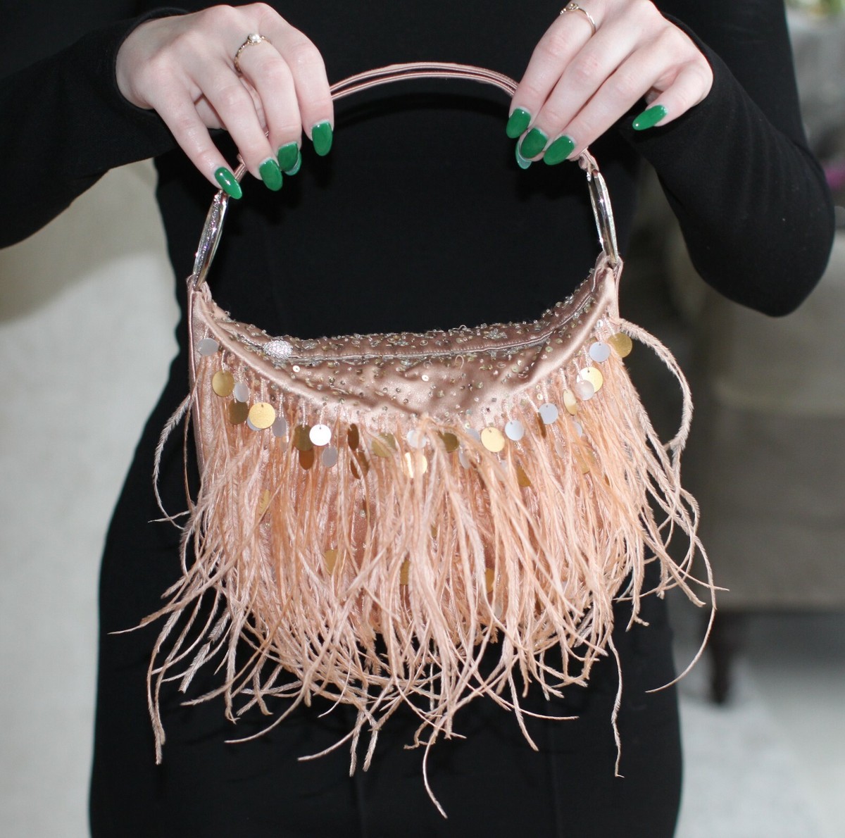 JUDITH LEIBER SWAROVSKI CRYSTAL SATIN OSTRICH FEATHER FANCIFUL