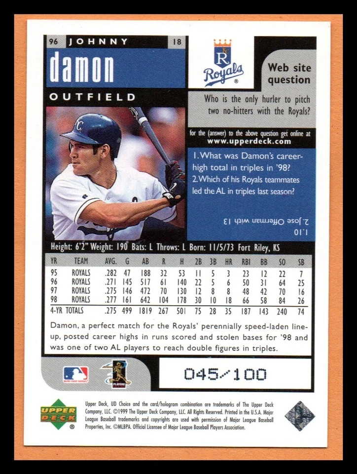 Johnny Damon 1999 Upper Deck UD Choice #96 Prime Choice Reserve 045/100 (NM-MT) - Imagem 2 de 2