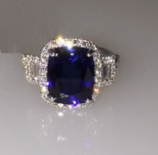 3Ct Cushion Lab Created Blue Sapphire Halo Engagement Ring 14k White Gold Plated