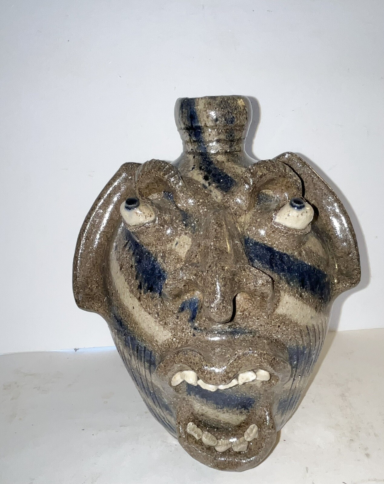 Vintage Steve Abee Pottery Face Jug Catawba Valley NC Signed Tri Color Striper