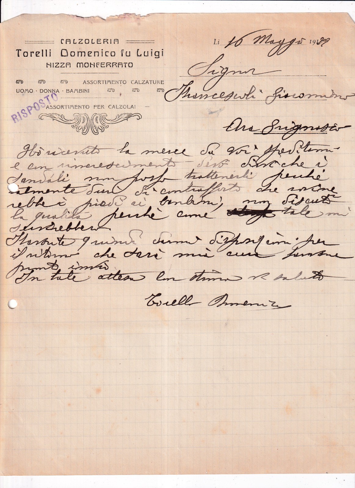Carta Intestata Nizza Monferrato Calzoleria Torelli 1922 QX3394