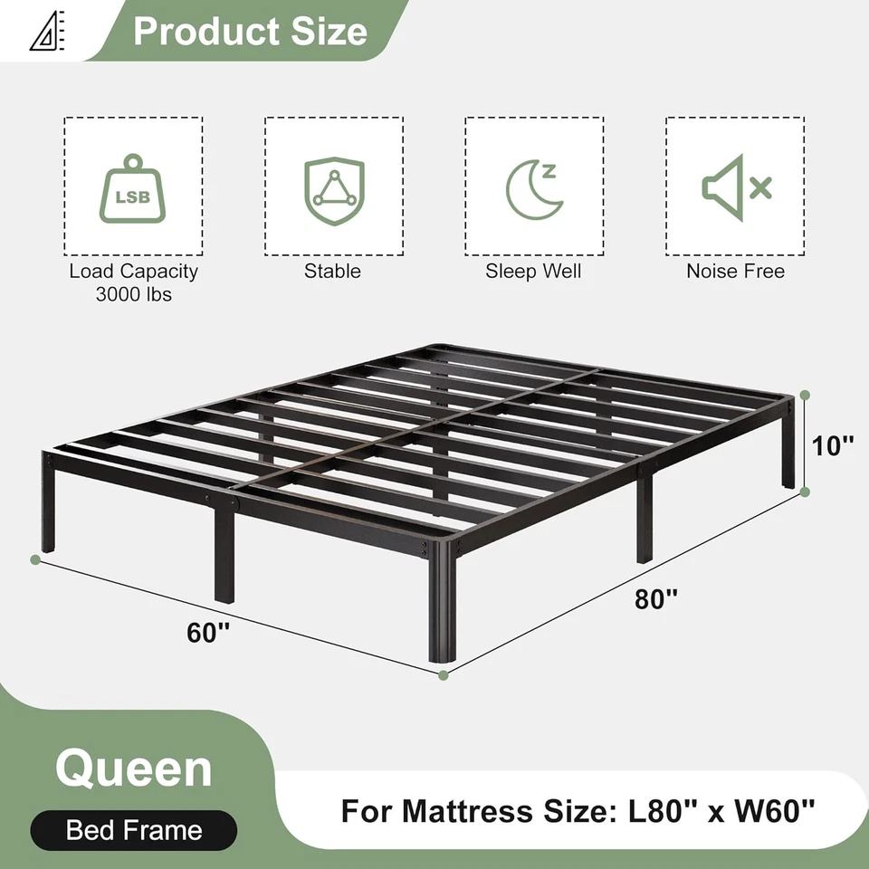 Armação de cama queen size de 10 polegadas com pernas de canto arredondadas, 2000 libras quee de metal resistente - Imagem 2 de 4