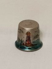 Lighthouse Boats Ocean Water Thimble Pewter Sewing Vintage 3/4" Blue Brown