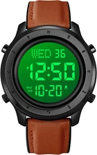 PASOY Mens Big Dial Digital Leather Watch Simple Large Display Countdown Alarm