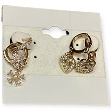 2 Pairs - Huggie Hoop Heart Padlock Flower Rhinestones Gold Tone Charm Earrings