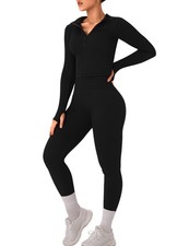 Womens Workout Sets 2 Piece Seamless Ribbed Long Sleeve Yoga Outfits High Wai...