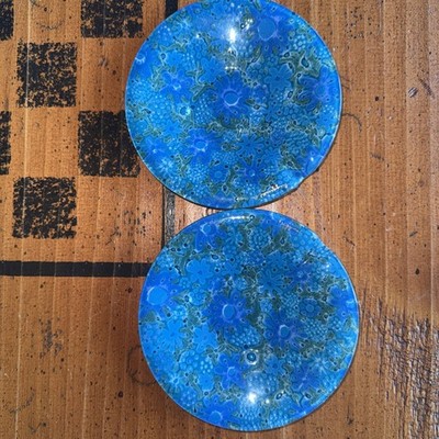 Set Of 2 Vtg Signed Higgins Art Glass 6” Ashtrays GORGEOUS BLUE No
