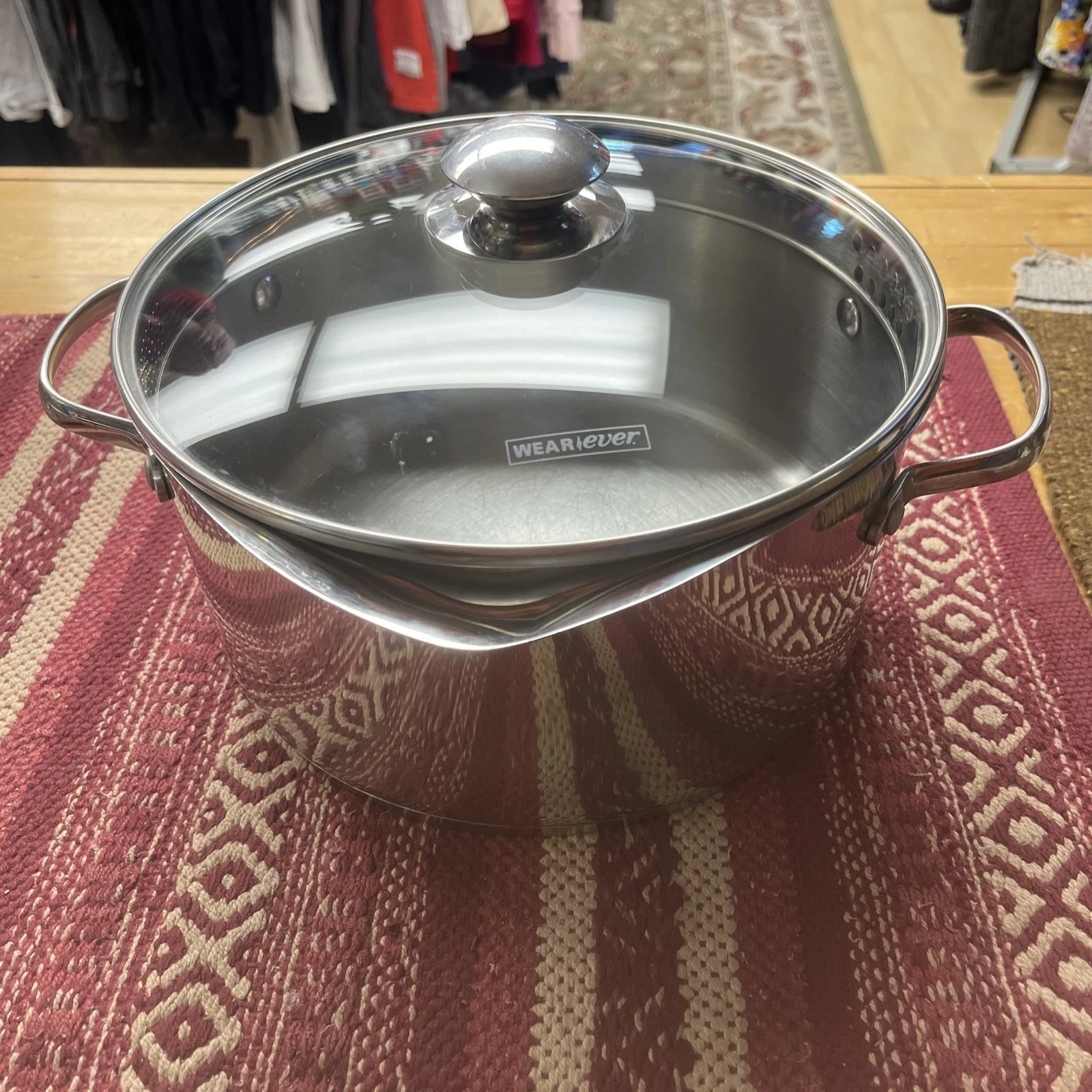 Wear Ever Stainless Steel 5.5 Qt Pot W/ Double Pour Spouts & Strainer Glass Lid