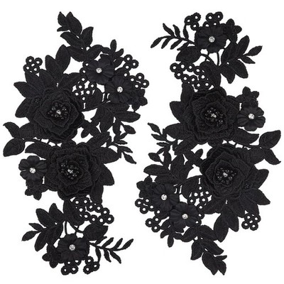 2Pcs 3D Flower Lace Appliques Rhinestone Beaded Embroidered Sew On/Iron on Patch