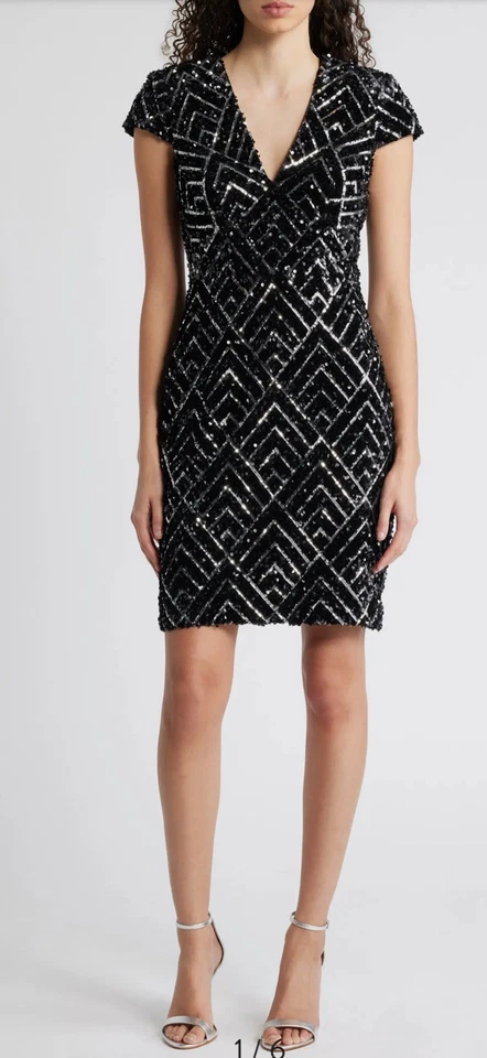 Vestido de coquetel Vince Camuto 10 preto prata lantejoulas veludo comprimento joelho novo com etiquetas - Imagem 2 de 4