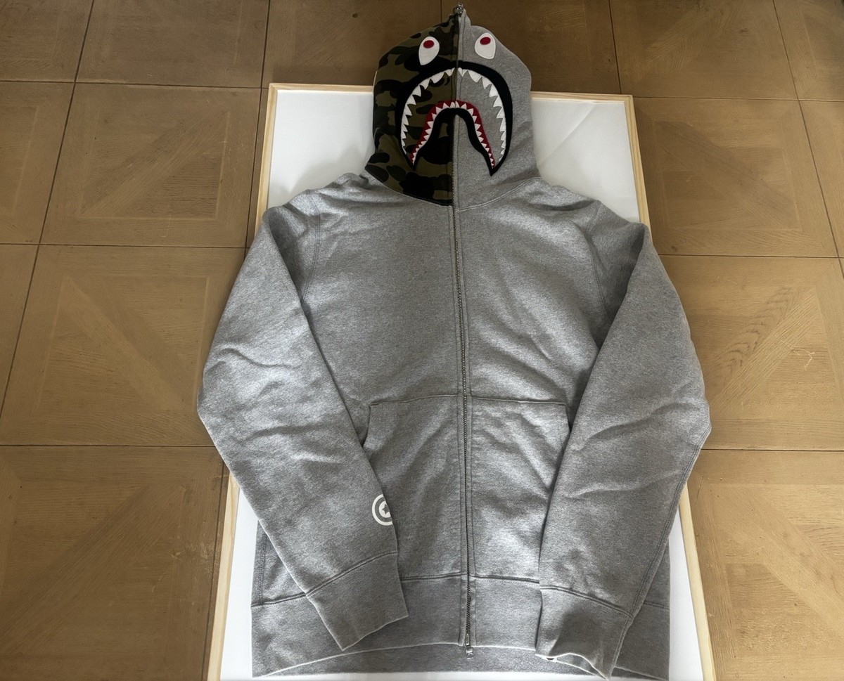 Authentic A Bathing Ape Bape Shark Full Zip Hoodie Gray Good Used