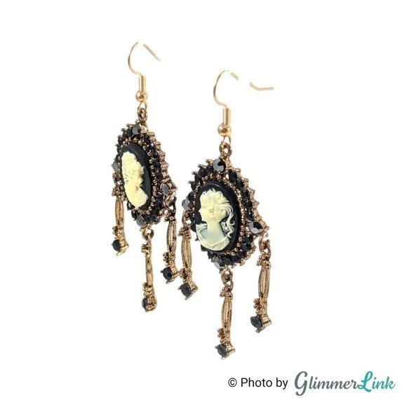 Vintage Style Black Cameo Gothic Chandelier Dangle Earrings Victorian Revival - Image 4 of 4