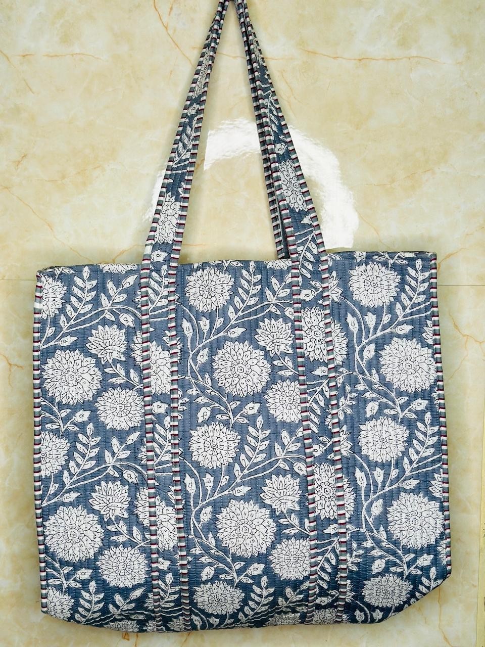 Indian Handmade Quilted Tote Bags Gray Floral Woman Cotton Shoulder Shopping Bag