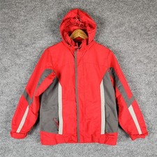 LL Bean Jacket Kids Red Gray Hooded Winter Insulated Reflective Medium 10-12