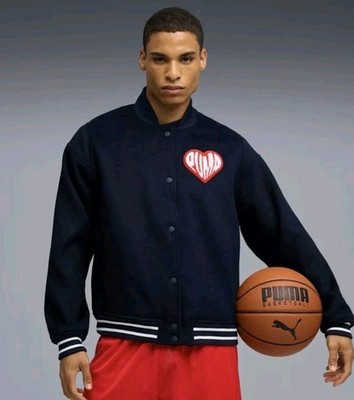 Puma Hooperhotline Men Medium Varsity Reversible Snap Button Jacket Navy Blue L