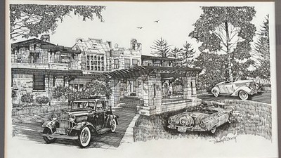 Ink Drawing FORD CLASSIC CARS Henry Ford ESTATE Original - TIMOTHY BRIODY 1980