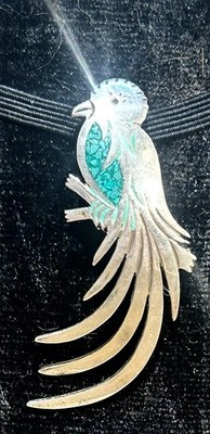 Vntg Mexican Sterling Silver Parrot Bird Brooch Pin Crushed Stone Inlay Signed