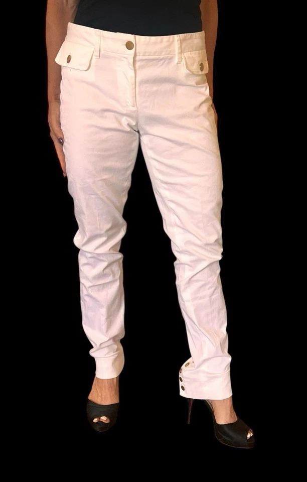 D&G DOLCE & GABBANA VINTAGE WHITE COTTON DENIM PANTS JEANS GOLD BUTTON CUFF 6-8 - Image 2 of 4