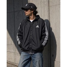 ADIDAS Vintage 90s Windbreaker Jacket XL Black Hood Full Zip 3 Stripe Streetwear