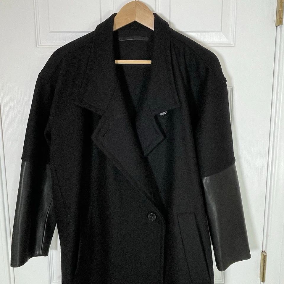 ALLSAINTS Meade Women’s Black Pea Coat Size 4 Wool With Leather Sleeves Classic - Image 2 of 4