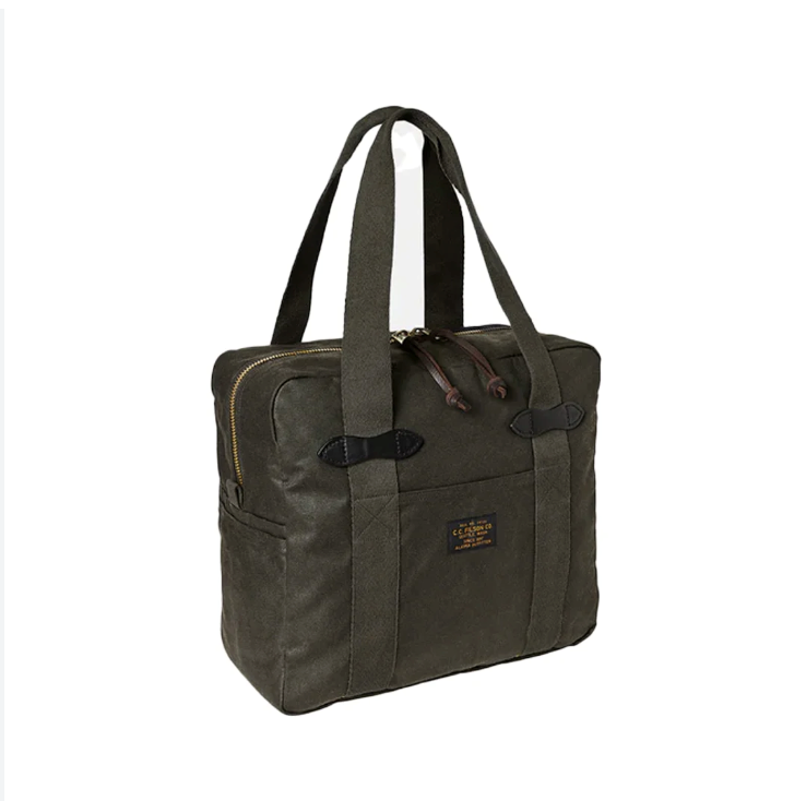 Filson Tin Cloth Tote Bag w Zipper Leather Otter Green Waxed
