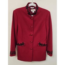 Talbots Red Stand-Collar Blazer with Black Embroidery