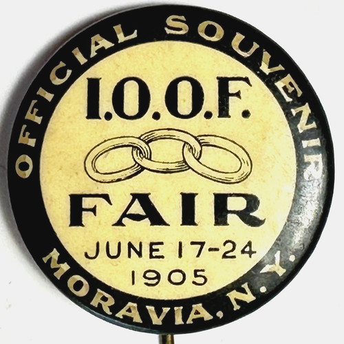 1905 IOOF Odd Fellows Fair Moravia NY Official Souvenir 1.25" Celluloid Pinback