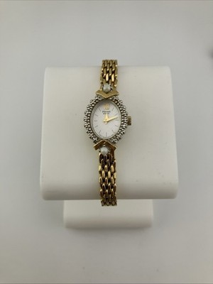 Vtg Pulsar Ladies 15mm Watch Gold Tone Diamond Faux Pearl Bezel 6'' V400 -RUNS