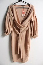 Boohoo Off Shoulder Wrap Midi Dress - Camel - Size 16 NEW (c20)