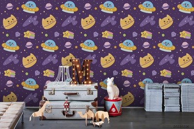 3D Space Cat Spaceship Pattern Wall Murals Wallpaper Murals Wall Sticker
