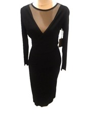 VINCE CAMUTO Black Mid Calf Faux Wrap Dress w/V-Neck Netting in Front ( S ) NWT