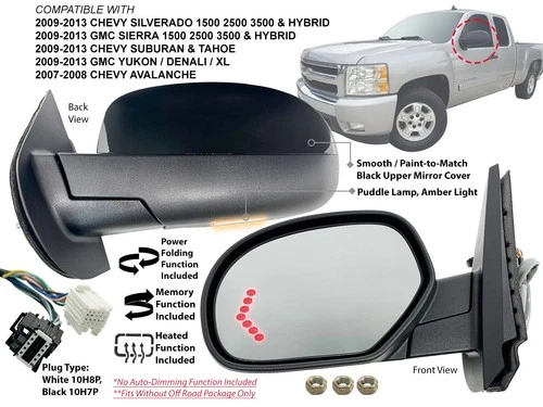 Mirror for SILVERADO SIERRA 2009-2013 Power Folding Memory Puddle Driver Side