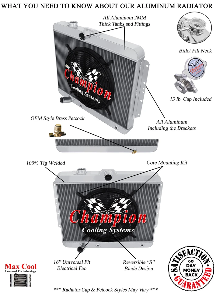 RS Champion 3 Row Radiator W/ 16" Fan for 1959 1960 Cadillac Commercial Chassis - Image 3 of 4